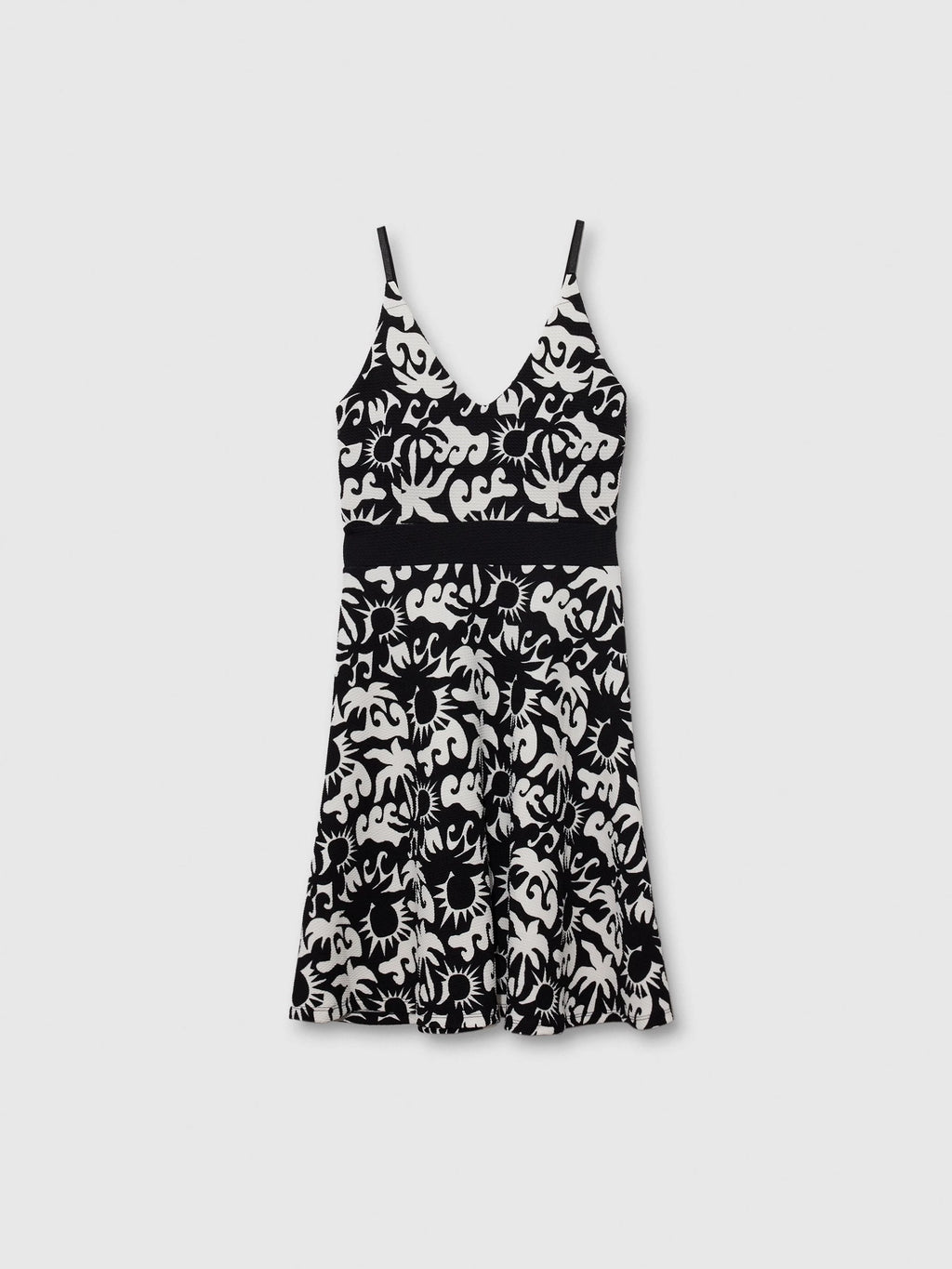 Tropical black and white short dress with adjustable straps, V-neck, and flattering cut for women, featuring a stylish design perfect for casual occasions and parties.
