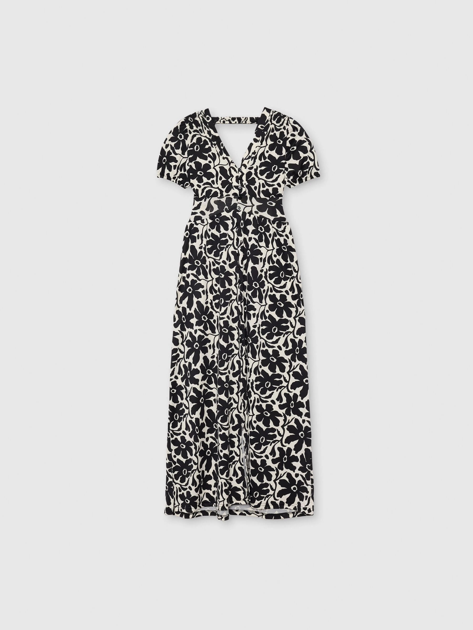 Maxi printed dress with V-neck and short sleeves by Inside, made from soft polyester-elastane blend, featuring button front closure and partially exposed back, perfect for casual everyday wear, ideal for women looking for sty
